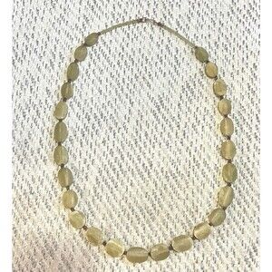 Vintage Moss Green Necklace 28" Chunky Smooth Oval Green Stone White Inclusions